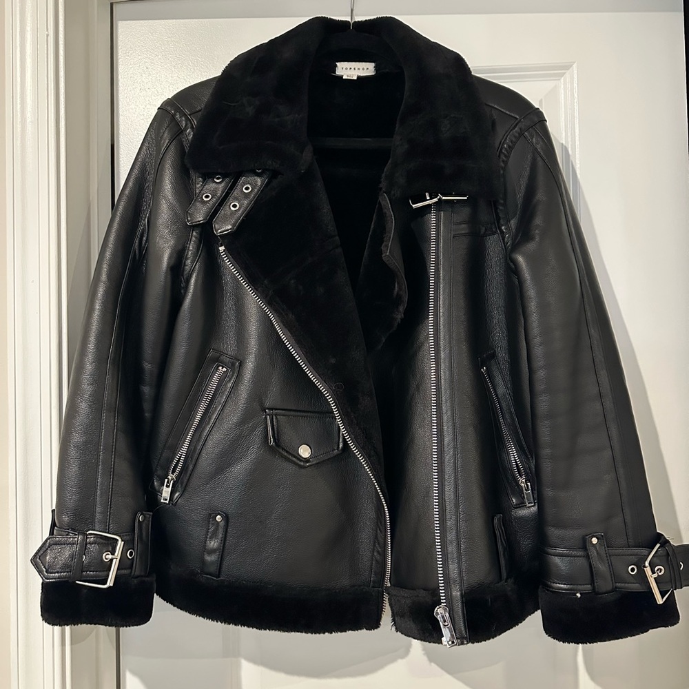 Topshop faux leather shearling oversized aviator biker jacket in black US 8